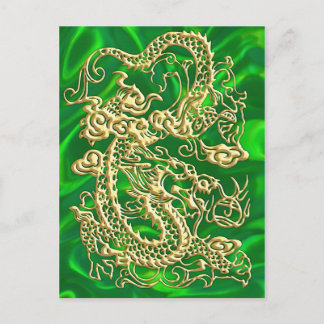 Postal Cartão Verde Cetim Luxuoso Dourado Dragão Dourado