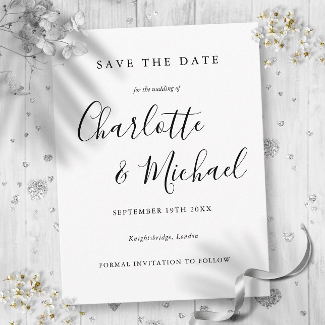 Postal Casamento de Script Preto e Branco Salve o Cartão  (Black And White Script Wedding Save the Date Card)