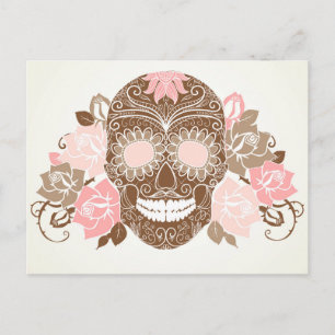 Postal Caveira E Rosas, Dia Colorido Do Cartão Morto