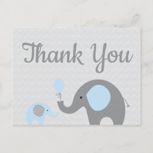 Postal Chá de fraldas Elefante Cinza Azul Obrigado Cartão