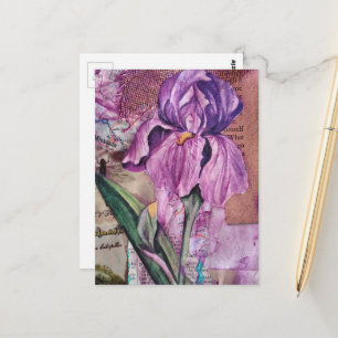 Postal Colagem de mídia mista de flor de íris em cartão p