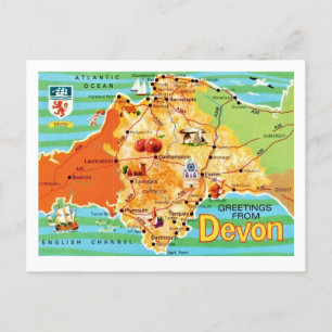 Postal Colorido Mapa Antigo de Devon Inglaterra Cartão Po