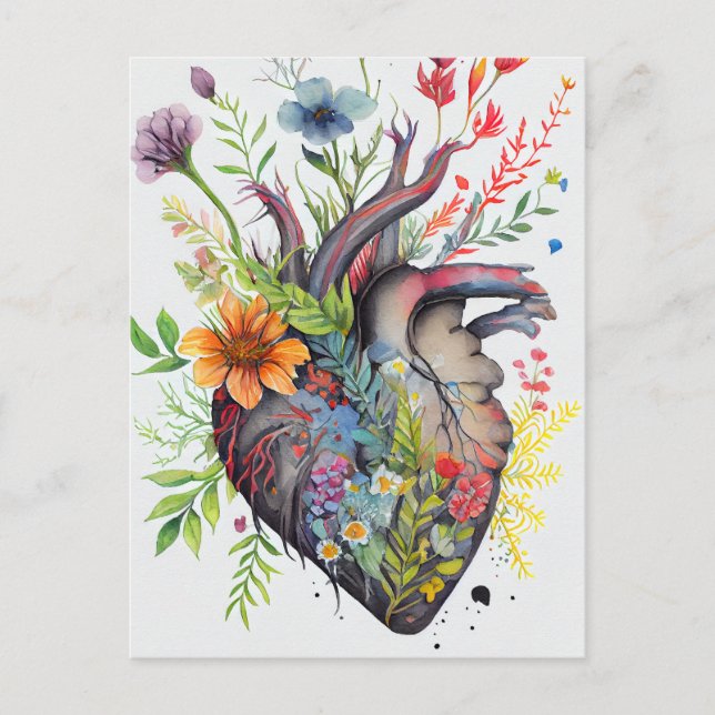 Postal Coração anatômica e flores aquáticas amam cartão (Frente)