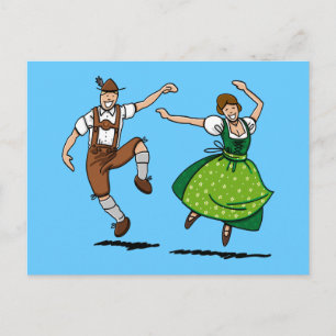 Postal Dança bávara do casal de Oktoberfest do cartão