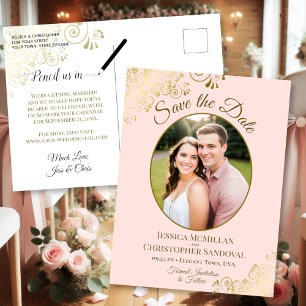Postal De Anúncio Casamento Rosa Blush e Dourado Salve a Data Cartão