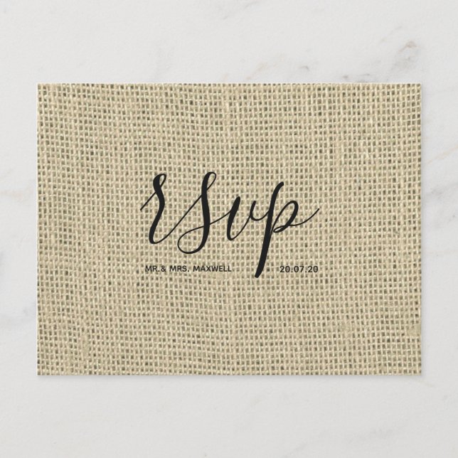 Postal De Convite Cartão Rsvp Rustic Wedding | Script Burlap Hessian (Frente)