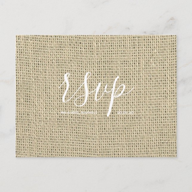 Postal De Convite Cartão Rsvp Rustic Wedding | Script Burlap Hessian (Frente)