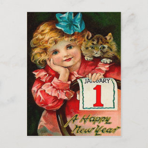 Postal De Festividades A menina e o gato - cartão do cumprimento do ano