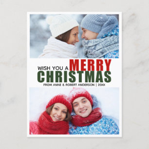 Postal De Festividades Bold Vermelho & Verde Feliz Natal 2 Foto Cartão Po