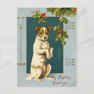 Postal De Festividades Cachorro sob um cartão holly branch-natal vintage