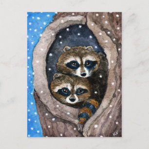 Postal De Festividades Cartão bonito do Natal da neve dos guaxinins