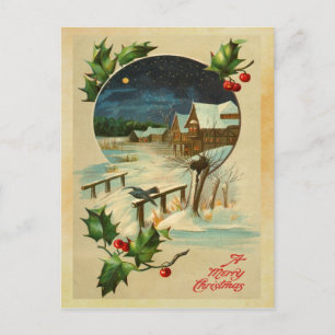 Postal De Festividades Cartão do Natal do azevinho do vintage