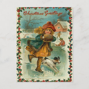 Postal De Festividades Cartão do patinagem no gelo do natal vintage