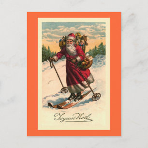 Postal De Festividades Cartão francês Vintage "Papais noeis em Skis"