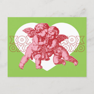 Postal De Festividades Cartão Postal. Namorados Cupido, Rosa E Verde.