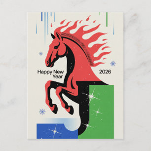 Postal De Festividades Feliz Ano Novo 2026 Cartão Cavalo Vermelho Estilo