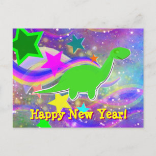 Postal De Festividades O dinossauro Stars & roda cartão do feliz ano nov