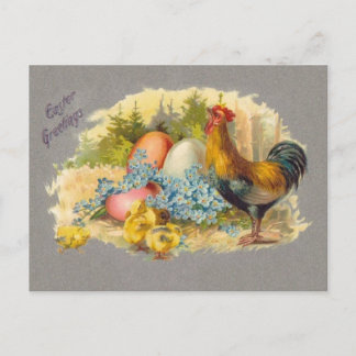 Postal De Festividades Páscoa - pintinhos, ovos & galo - cartão antigo
