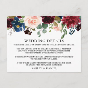 Postal Detalhes do Casamento Cartão de Inserção Floral