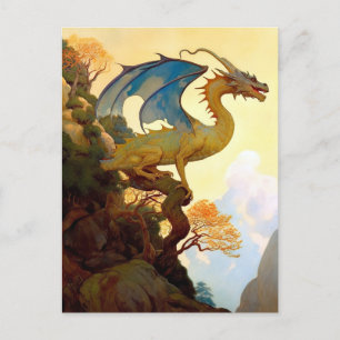 Postal Dourado Dragão Em Um Cartão De Arte De Fantasia