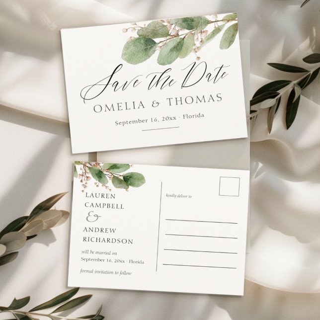 Postal Elegante cartão de data de casamento com folhagem  (Criador carregado)
