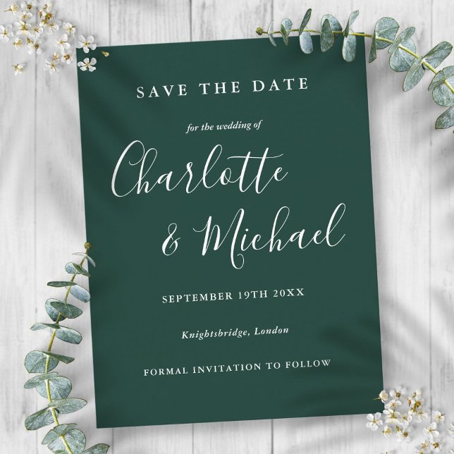 Postal Emerald Green Script Wedding Salvar o Cartão de Da (Emerald Green Script Wedding Save the Date Card)