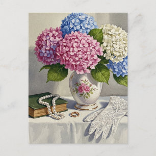 Postal Estilo Vitoriano Hydrangea Livros Flores Cartão Po