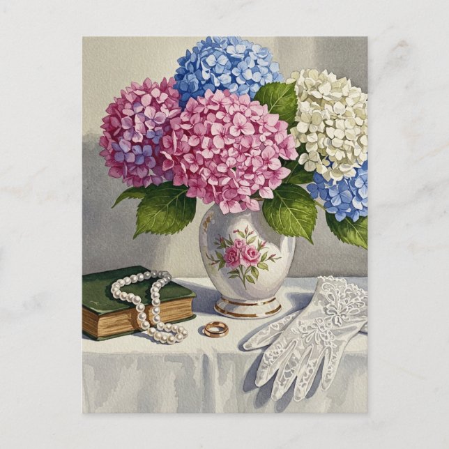 Postal Estilo Vitoriano Hydrangea Livros Flores Cartão Po (Frente)