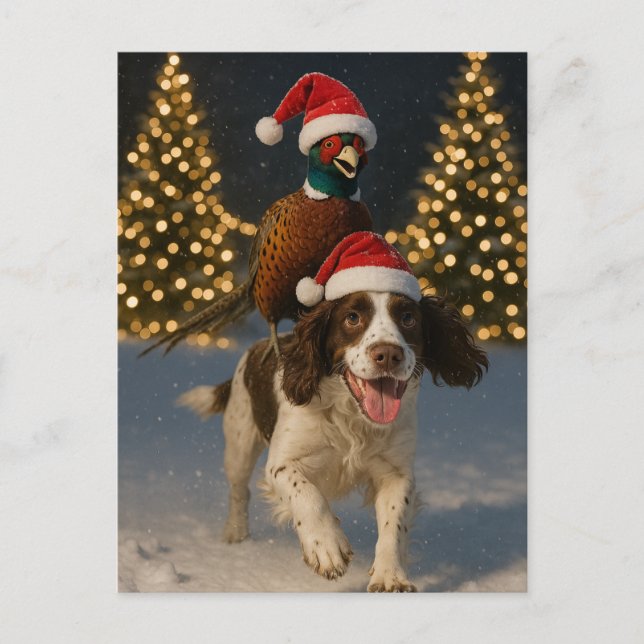 Postal Faisão em cartão de Natal de Springer Spaniel (Frente)