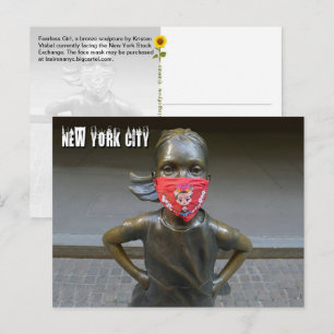 Postal Fearless Girl com máscara bordada, NYC - cartão po