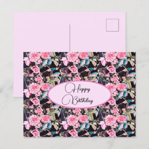 Postal Feliz Aniversário Rosa floral Rosa Preto Cartão Po