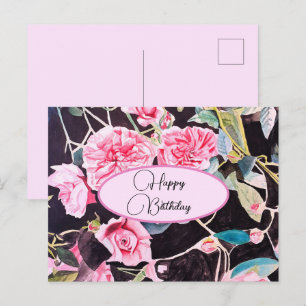 Postal Feliz Aniversário Rosa floral Rosa Preto Cartão Po