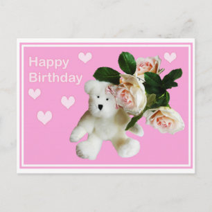 Postal Feliz cartão de aniversário Urso de pelúcia e rosa