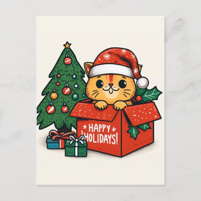 Postal Feliz Catmas Surpresa: Gato de Natal em um Cartão  (Frente)