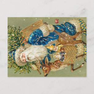 Postal Feliz Natal, Cartão Antigo, Papai Noel e Rena