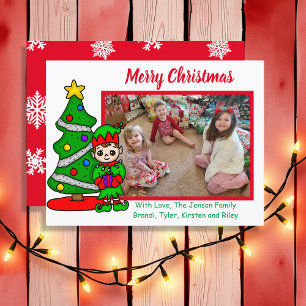 Postal Feliz Natal, Cartoon Elf, Cartão com fotos de Fé