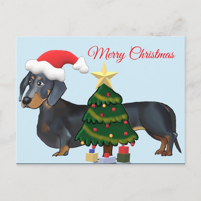 Postal Feliz Natal Dachshund com cartão de árvore (Frente)