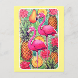 Postal Flamingos e ananás - Cartão tropical de Verão