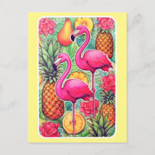 Postal Flamingos e ananás - Cartão tropical de Verão