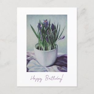 Postal Flores roxas num cartão de aniversário de pintura