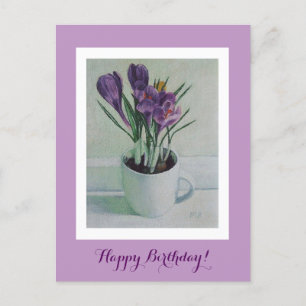 Postal Flores roxas num cartão de aniversário de pintura