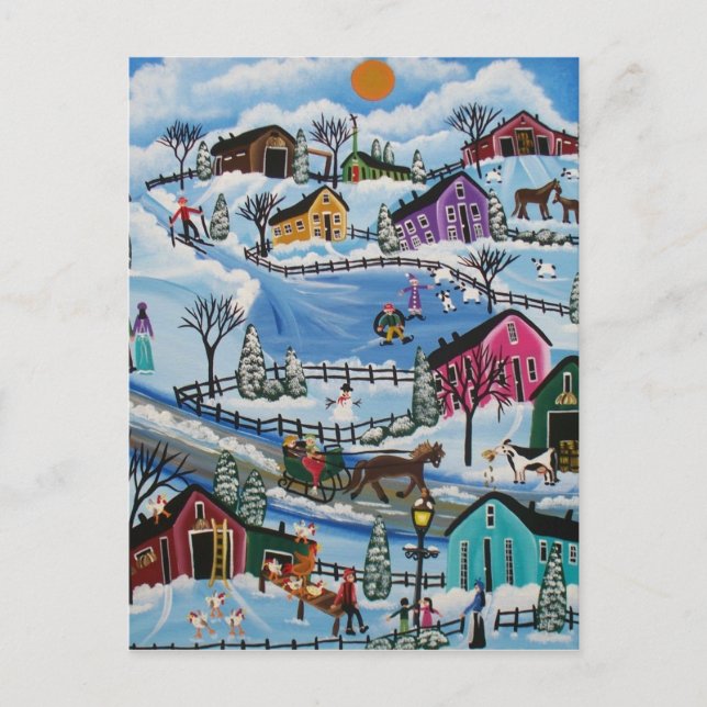 Postal FOLK ART Primeiro Dia de Neve LORI EVERETT cartão  (Frente)