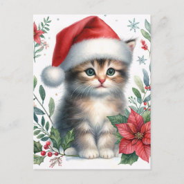 Postal Gatinho Fofo Com Chapéu de Papai Noel Cartão Posta