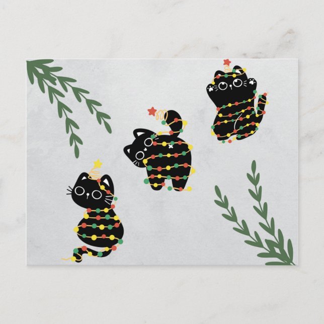 Postal Gato bonitinho de cartão de Natal brincando de bic (Frente)