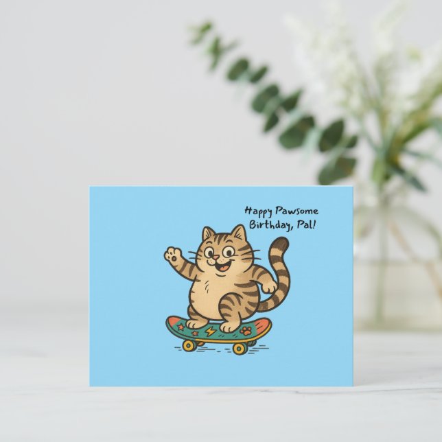 Postal Gato Malhado de Skate FELIZ ANIVERSÁRIO Cartão Pos (Em pé/Frente)
