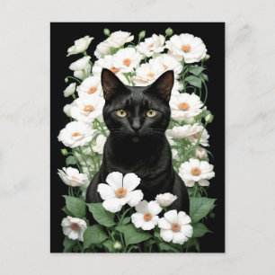 Postal gato preto em flores brancas (atualização) Cartão