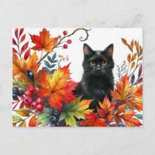Postal Gato Preto em Folhas Coloridas de Outono Cartão Po