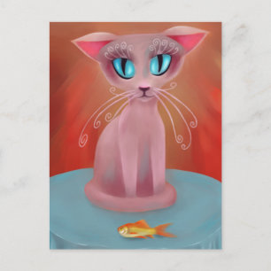 Postal Gato Rosa com um Peixe Dourado em um Cartão de Mes