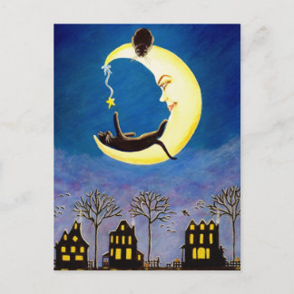 Postal Halloween, cartão postal, preto,gato,salem,estrela