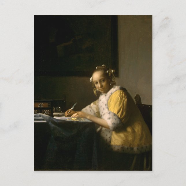Postal Johannes Vermeer, Uma Senhora Escrevendo um Cartão (Frente)